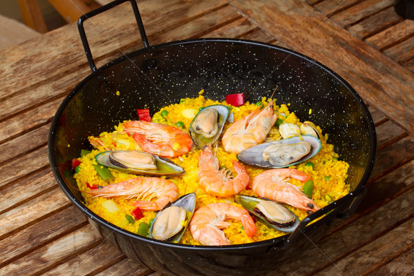 Paella in black pan Stock photo © neirfy