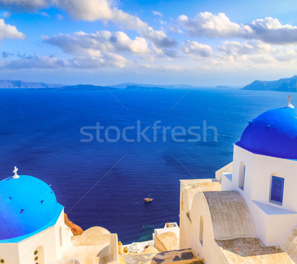 view of caldera with blue domes, Santorini Stock photo © neirfy
