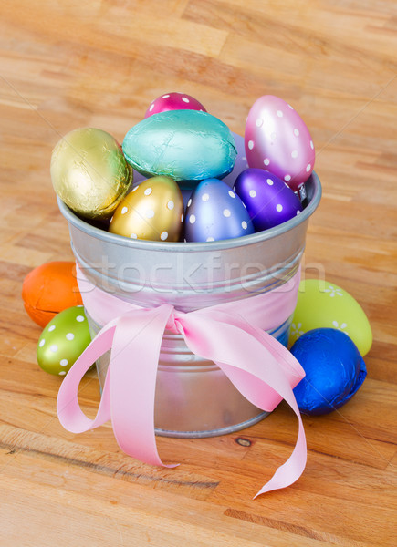 Stock fotó: Köteg · húsvéti · tojások · edény · tarka · fém · fa · asztal