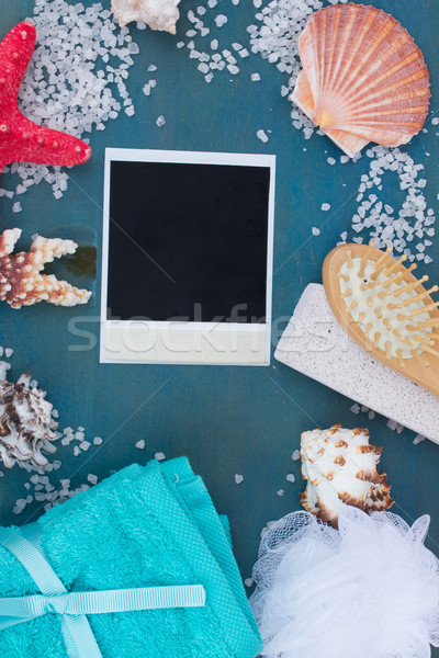 Foto stock: Photo · frame · sal · do · mar · conchas · azul · tabela