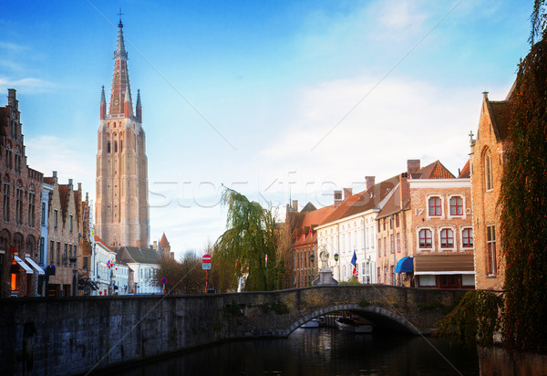 Zdjęcia stock: Scena · starówka · wieża · Belgia · kościoła · niebieski