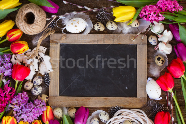 Foto stock: Flores · da · primavera · ovos · de · páscoa · primavera · páscoa · quadro · fresco