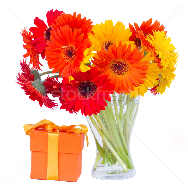 gerbera flowers in glass vase with gift Stock photo © neirfy