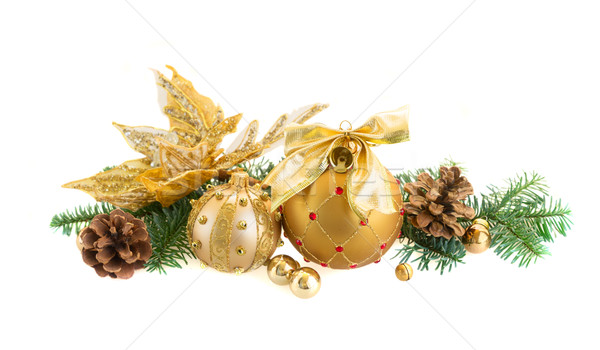 [[stock_photo]]: Noël · evergreen · or · isolé · blanche