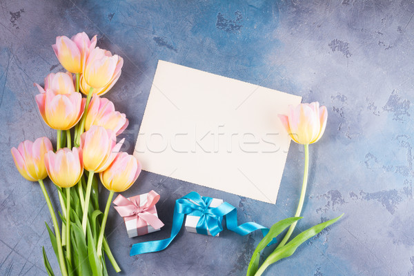 Roze Geel tulpen blanco papier nota Stockfoto © neirfy