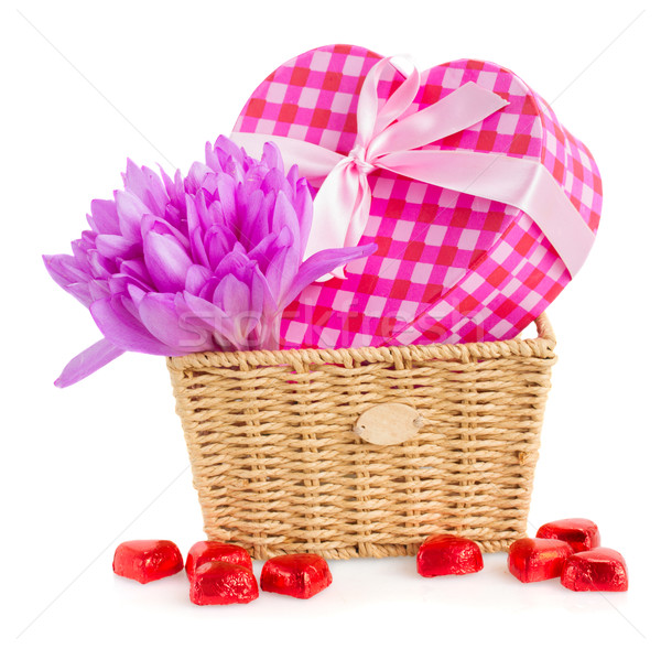 basket with violet crocus flowers  and gift box Stock photo © neirfy