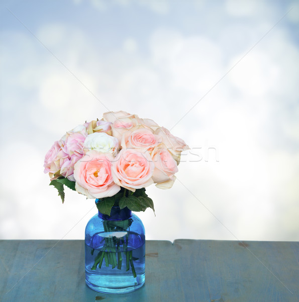 Rosas dia dos namorados rosa azul vaso mesa de madeira Foto stock © neirfy