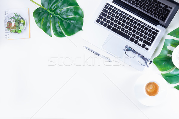 Stockfoto: Kantoor · aan · huis · werkruimte · laptop · groene · bladeren · witte · bureau