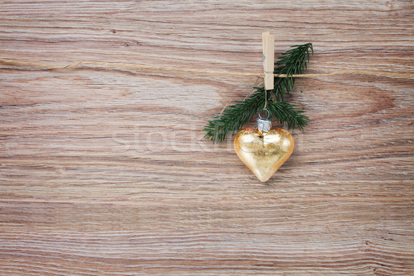 Natal dourado coração sempre-viva galho enforcamento Foto stock © neirfy