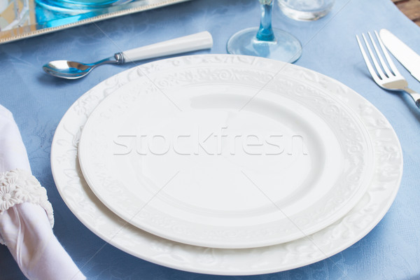 посуда набор пластин синий скатерть Сток-фото © neirfy