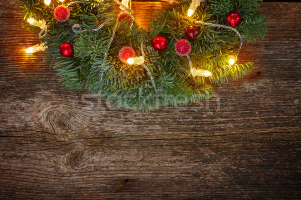 Stockfoto: Christmas · krans · lichten · groene · houten · tafel · hout