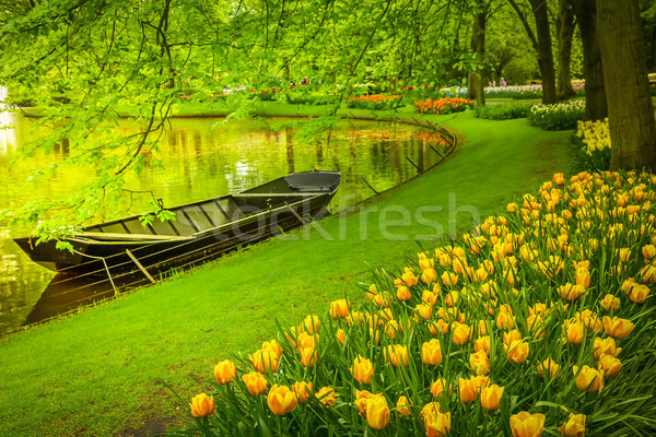 Imagine de stoc: Primăvară · grădină · canal · barcă · Olanda · flori