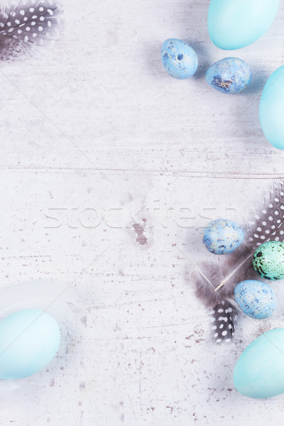Kék húsvéti tojások tányér tollak keret fehér Stock fotó © neirfy