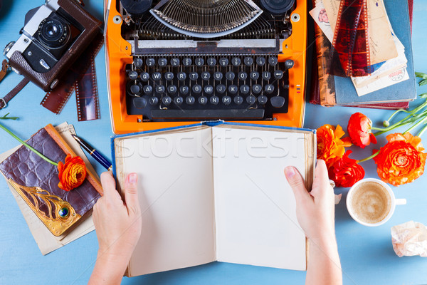 Workspace with vintage orange typewriter Stock photo © neirfy