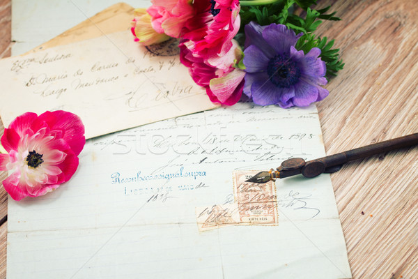 quill pen and antique letters with anemone flowers Stock photo © neirfy