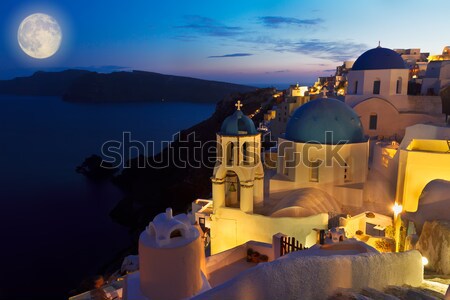 Foto stock: Aldeia · noite · santorini · azul · igreja · Grécia