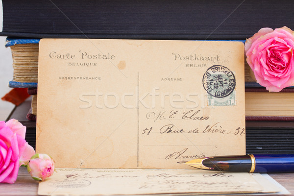 antique empty postcard with flowers and quill pen Stock photo © neirfy