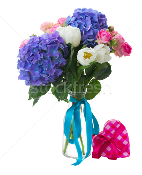 posy   of white tulips, pink roses and blue hortensia flowers Stock photo © neirfy