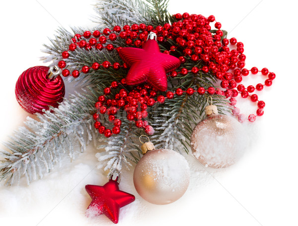 Fenyőfa ág karácsony díszítések izolált fehér Stock fotó © neirfy