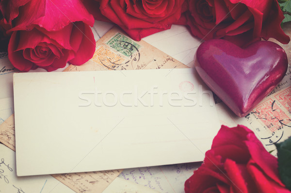 Stockfoto: Vintage · harten · rozen · lege · briefkaart · mail