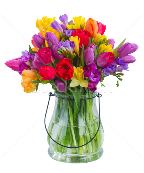 Virágcsokor fényes tavaszi virágok üveg váza izolált Stock fotó © neirfy