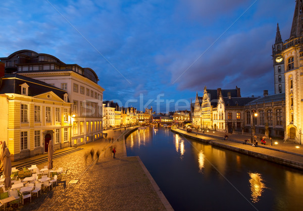Graslei harbor at night, Ghent Stock photo © neirfy