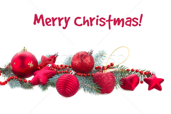 Stock photo: fir tree branch and red  christmas decorations