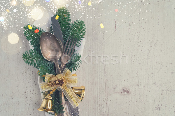 Noel akşam yemeği çatal bıçak takımı boş ahşap masa bıçak Stok fotoğraf © neirfy