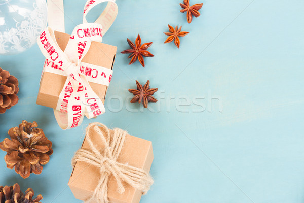 Stok fotoğraf: Mavi · rustik · Noel · stil · hediye · kutuları · baharatlar