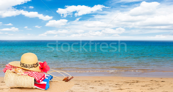 Foto stock: Banhos · de · sol · praia · palha · saco · praia