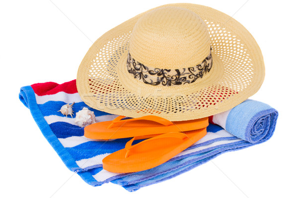 Chapeau de paille serviette de plage isolé blanche mode soleil [[stock_photo]] © neirfy