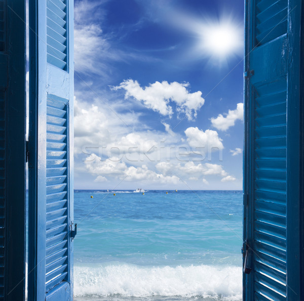 Stock fotó: Szoba · nyitott · ajtó · tengeri · kilátás · nyitva · kék · ajtó