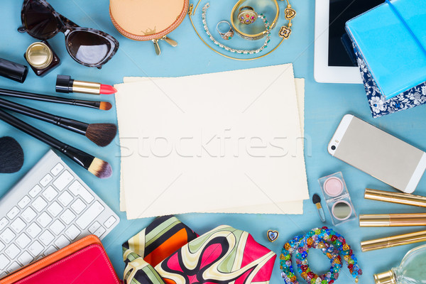 Nőies asztali nő divat kék fából készült Stock fotó © neirfy