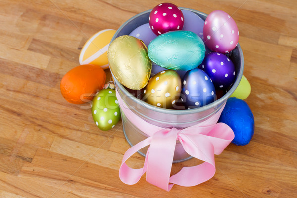 Stock fotó: Köteg · húsvéti · tojások · tarka · fém · edény · fa · asztal