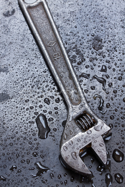 Stock foto: Einstellbar · Schraubenschlüssel · Wassertropfen · schwarz · Metall · Bau