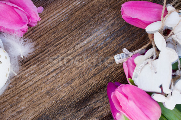 Húsvét keret tulipánok fából készült felső kilátás Stock fotó © neirfy
