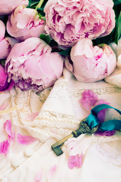 Foto stock: Chave · rosa · flores · vintage · renda · vestuário