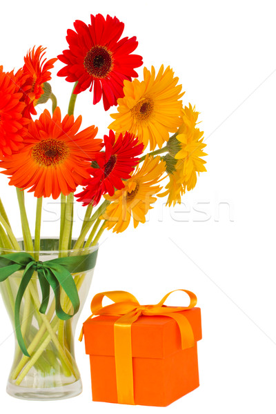 Stock photo: gerbera flowers in vase with gift box