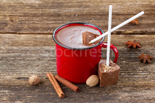 Foto stock: Copo · chocolate · quente · caneca · temperos · mesa · de · madeira · comida