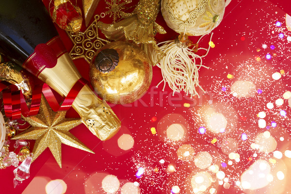 Stockfoto: Nieuwjaar · decoraties · fles · champagne · christmas · Rood