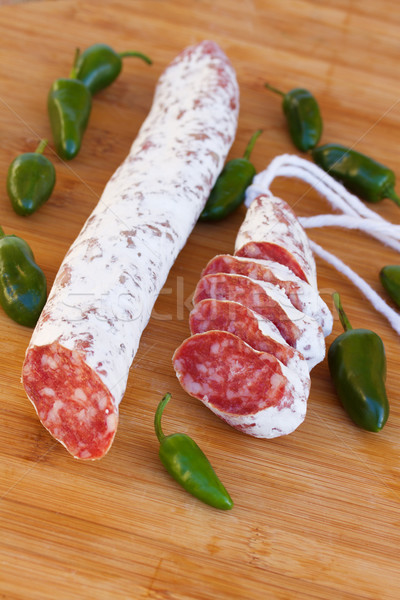 Meat fuet sausages with green peppers Stock photo © neirfy