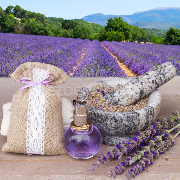 Foto stock: Lavanda · flores · spa · agua · vidrio