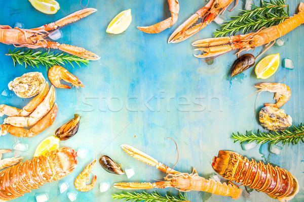 Fresche frutti di mare blu frame copia spazio legno Foto d'archivio © neirfy