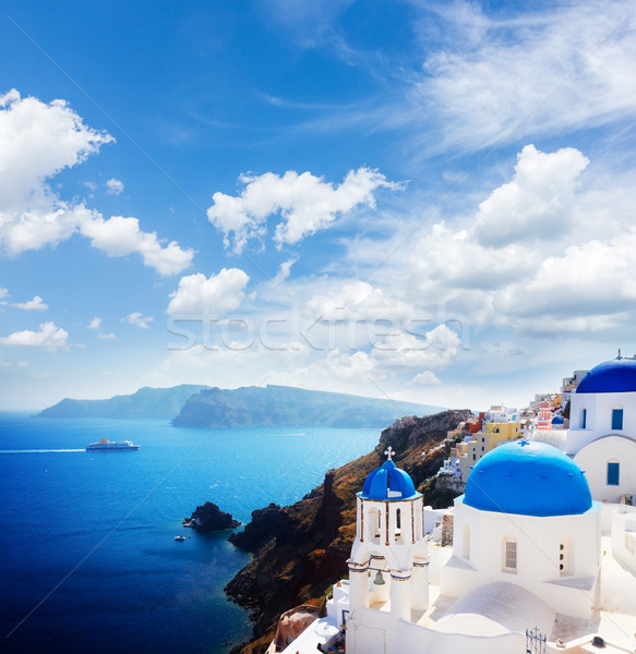 Stock photo: view of caldera with blue domes, Santorini