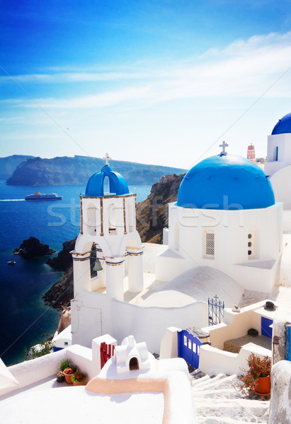 view of caldera with stairs and church, Santorini Stock photo © neirfy