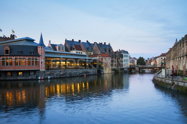 Canal And Old Buildings at night, Ghent Stock photo © neirfy