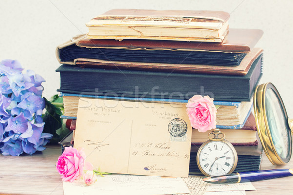 antique empty postcard with flowers and quill pen Stock photo © neirfy