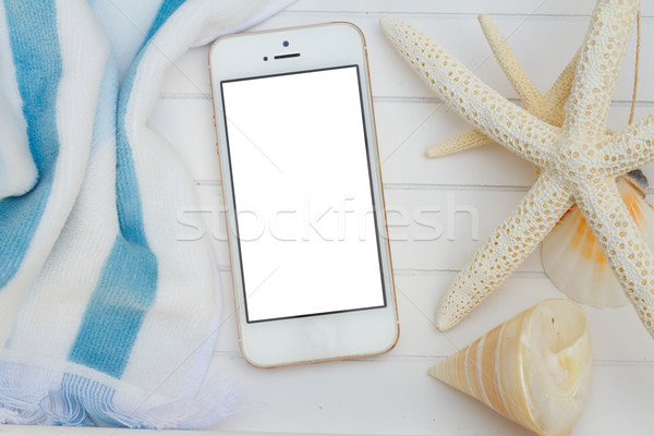 Telefoon strandlaken schelpen witte hout natuur Stockfoto © neirfy