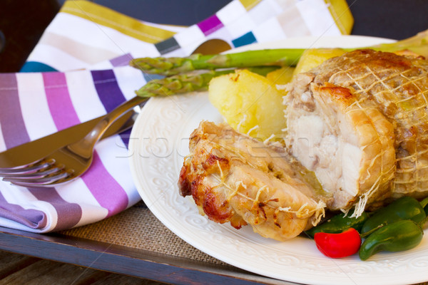 Kalbfleisch geschnitten serviert Platte Messer Gabel Stock foto © neirfy