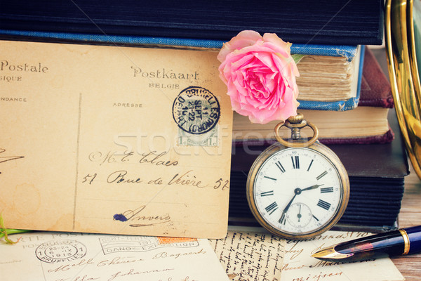 Antyczne zegar starych książek litery kieszeni Zdjęcia stock © neirfy
